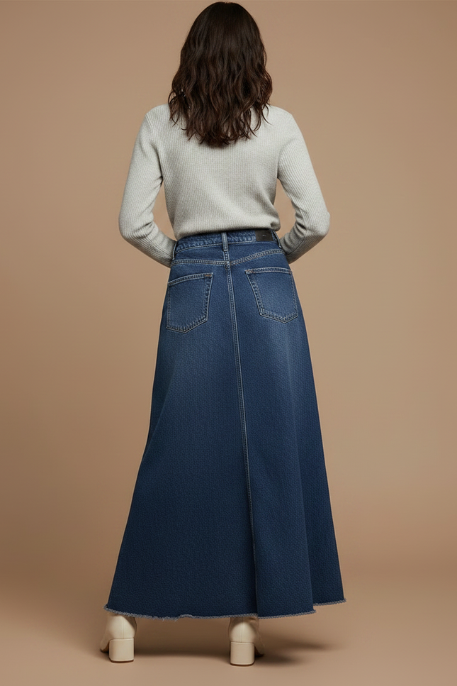 Pantalon Jupe Denim Longue Évasée Brut Taille Haute - Bleu Jean - vue 2