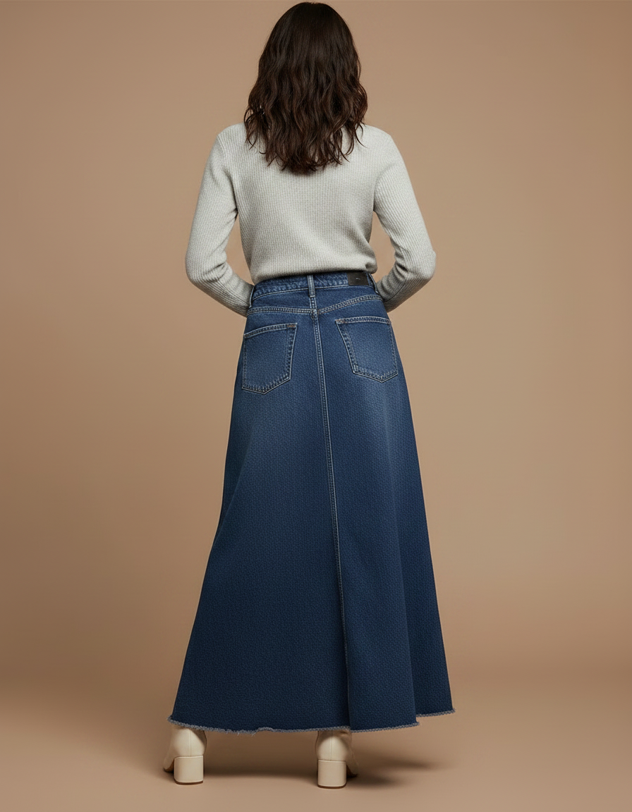 Pantalon Jupe Denim Longue Évasée Brut Taille Haute - Bleu Jean - vue 2