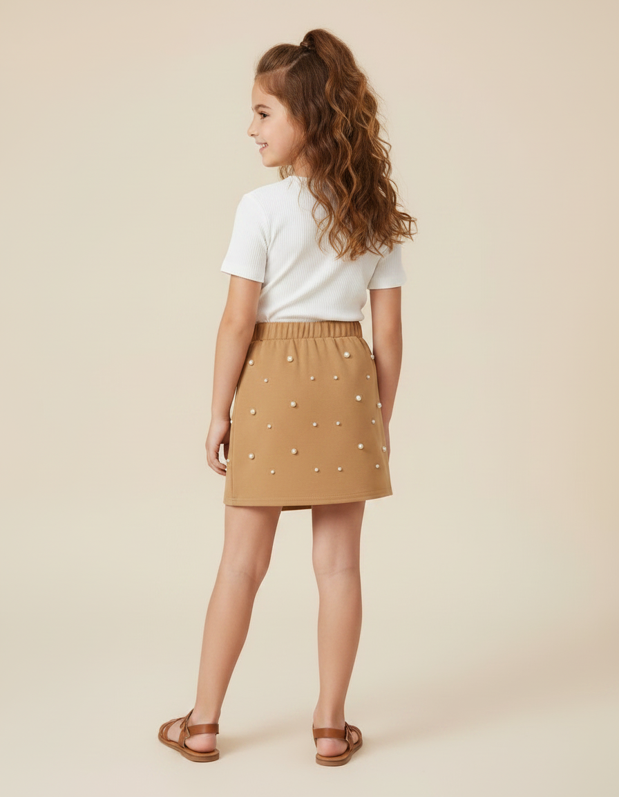 Pantalon Jupe Beige Perles Élastique Fille Élégant - Polyester - vue 2