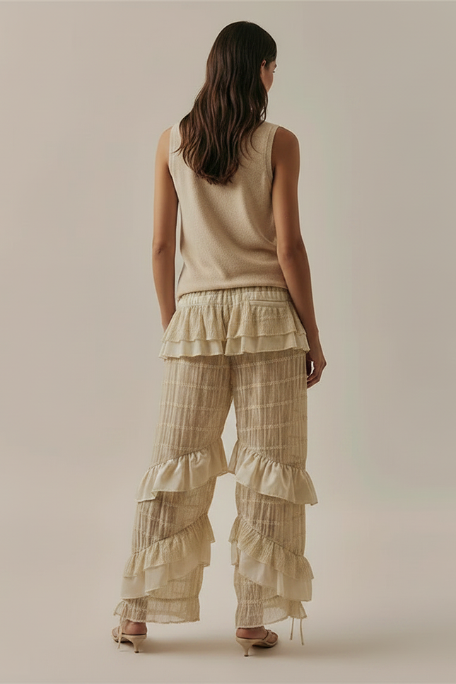 Pantalon Jupe Beige Plissé Volants Fluide Élégant - Maille - vue 2
