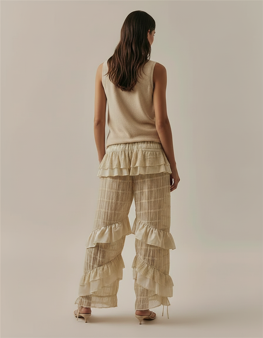 Pantalon Jupe Beige Plissé Volants Fluide Élégant - Maille - vue 2