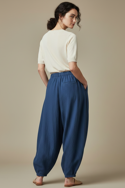 Pantalon Jupe Bleu Coton Lin Ample Élégant Fluide - vue 2