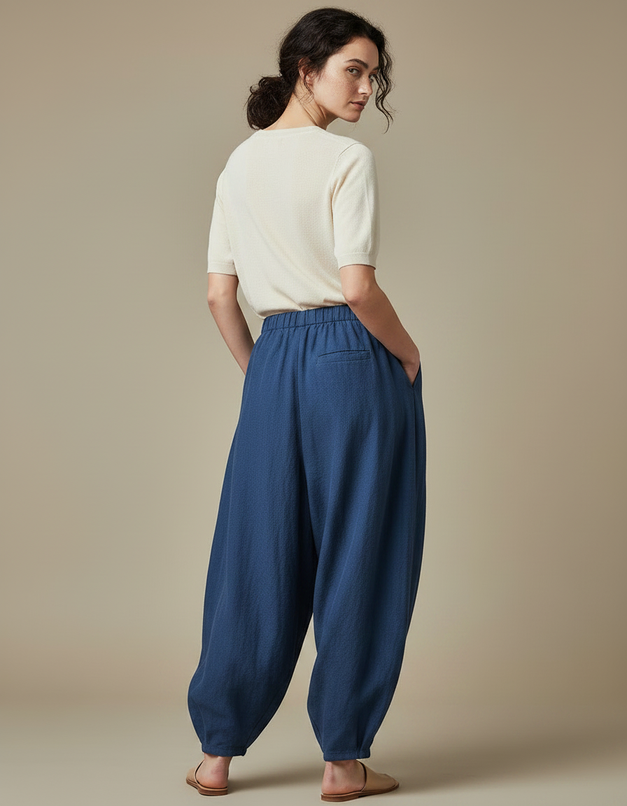 Pantalon Jupe Bleu Coton Lin Ample Élégant Fluide - vue 2