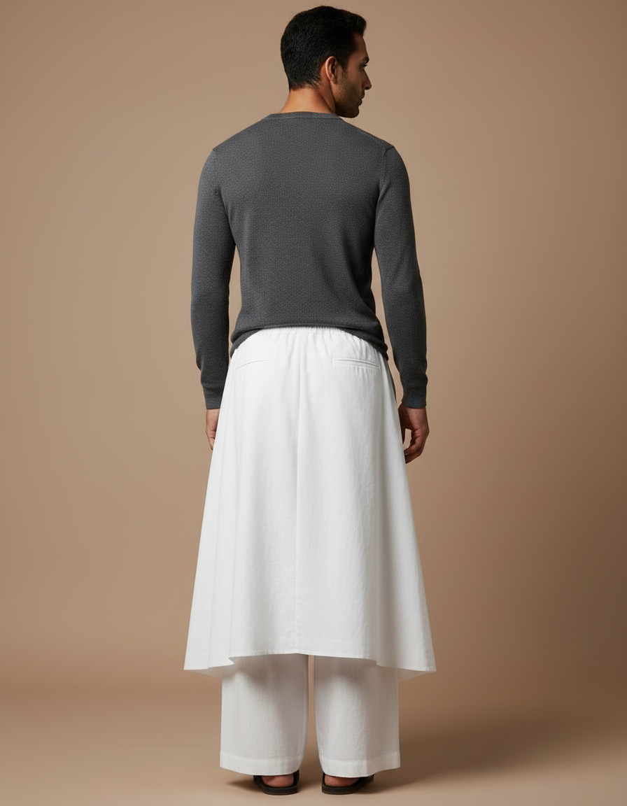 Pantalon Jupe Blanc Plissé Ample Décontracté Homme - Coton - vue 2