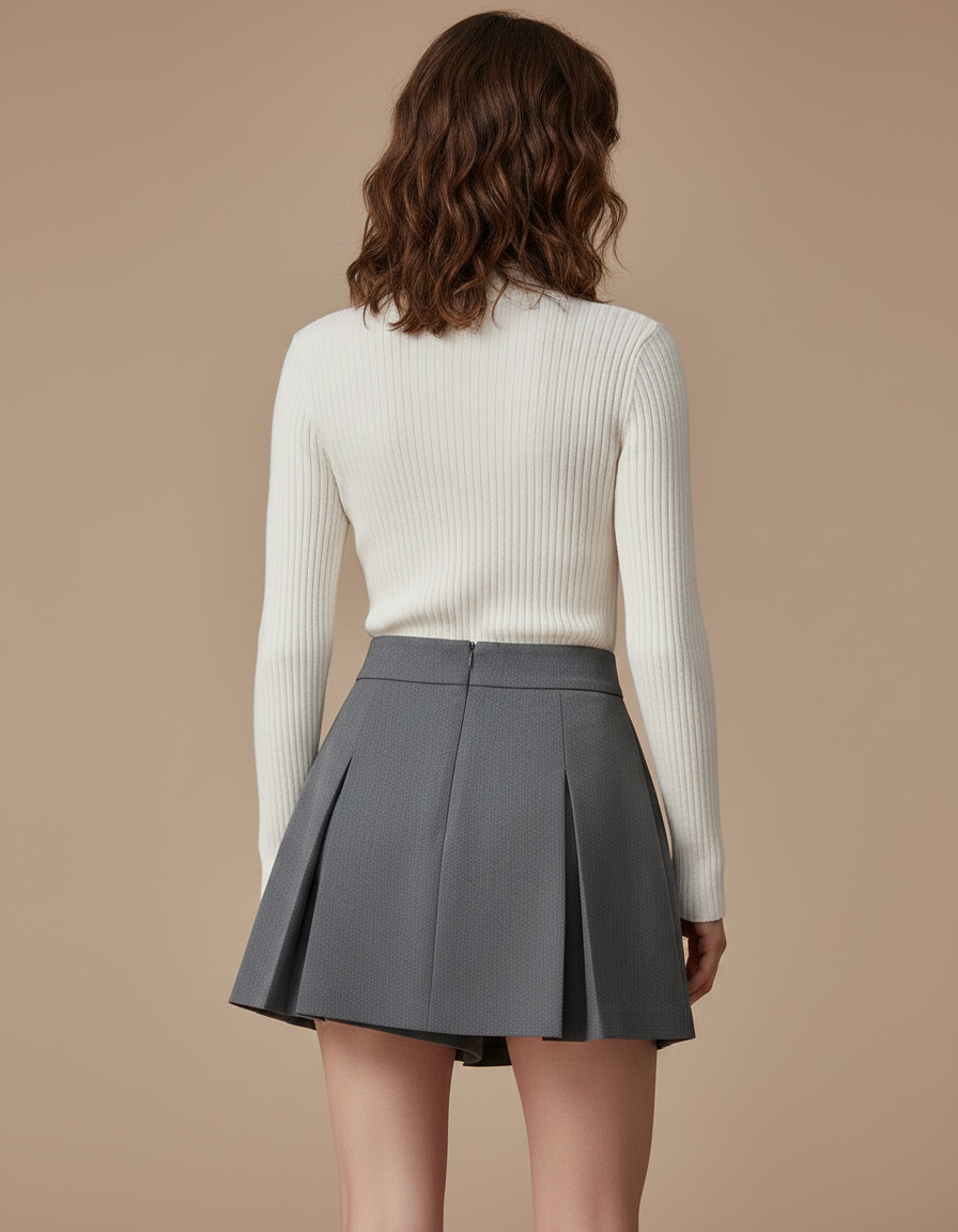Pantalon Jupe Gris Plissé Mini Élégant Décontracté - Gabardine - vue 2