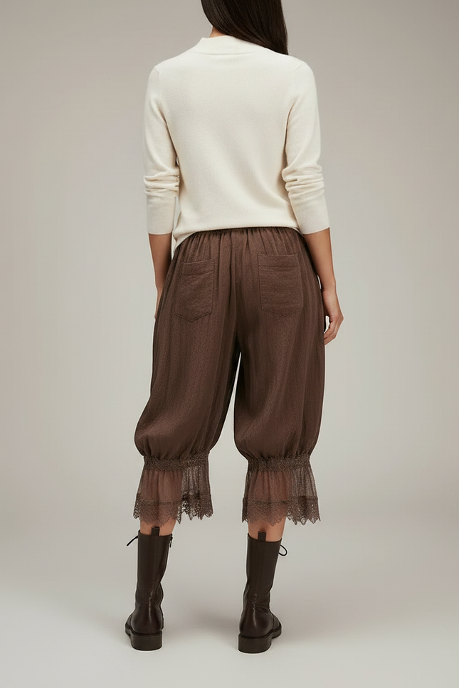 Pantalon Jupe Marron Ample Dentelle Bohème Court - Lin - vue 2