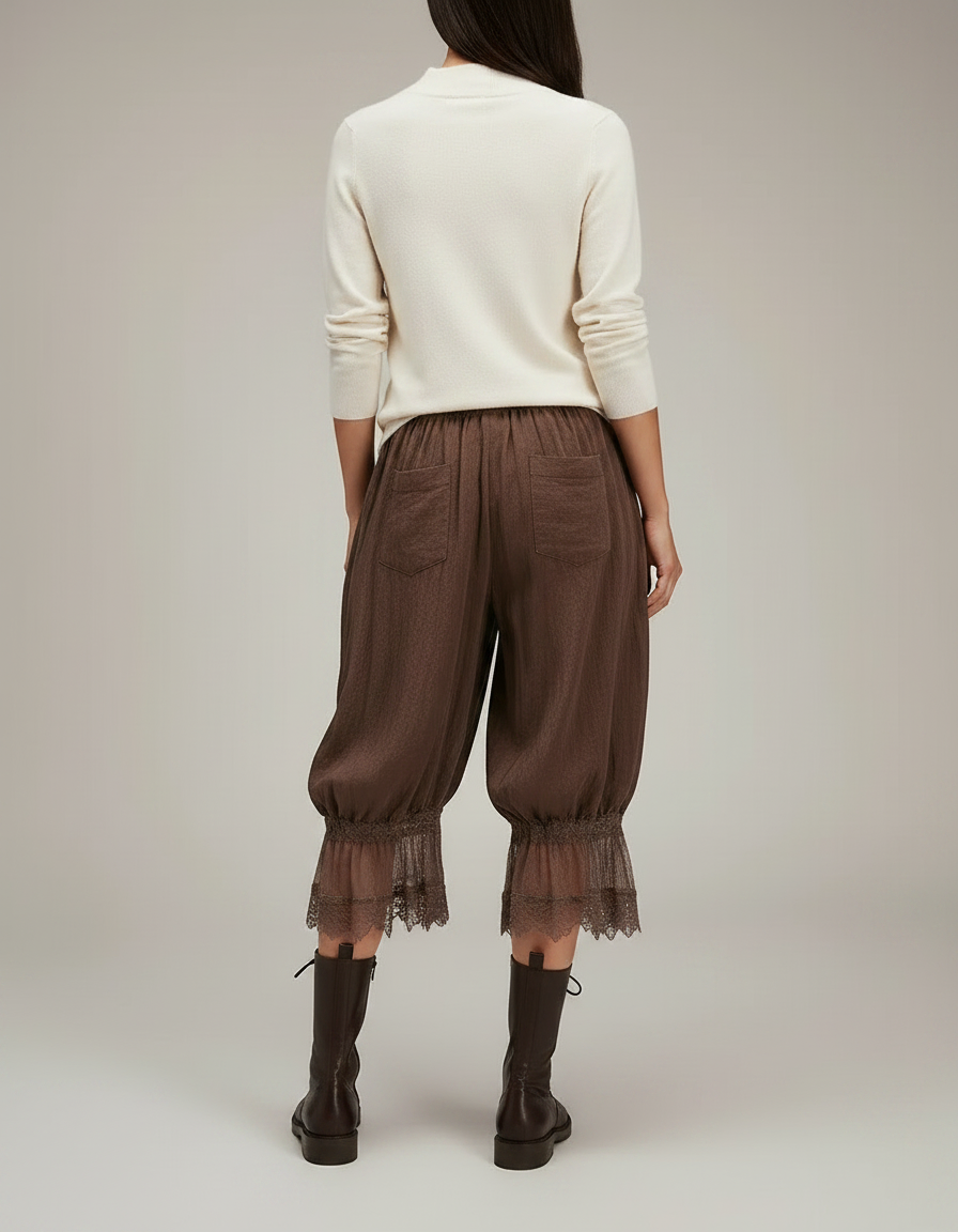Pantalon Jupe Marron Ample Dentelle Bohème Court - Lin - vue 2