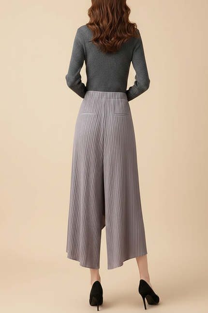Pantalon Jupe Plissé Asymétrique Gris Décontracté Fluide - Maille - vue 2