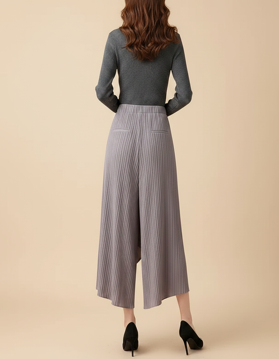 Pantalon Jupe Plissé Asymétrique Gris Décontracté Fluide - Maille - vue 2