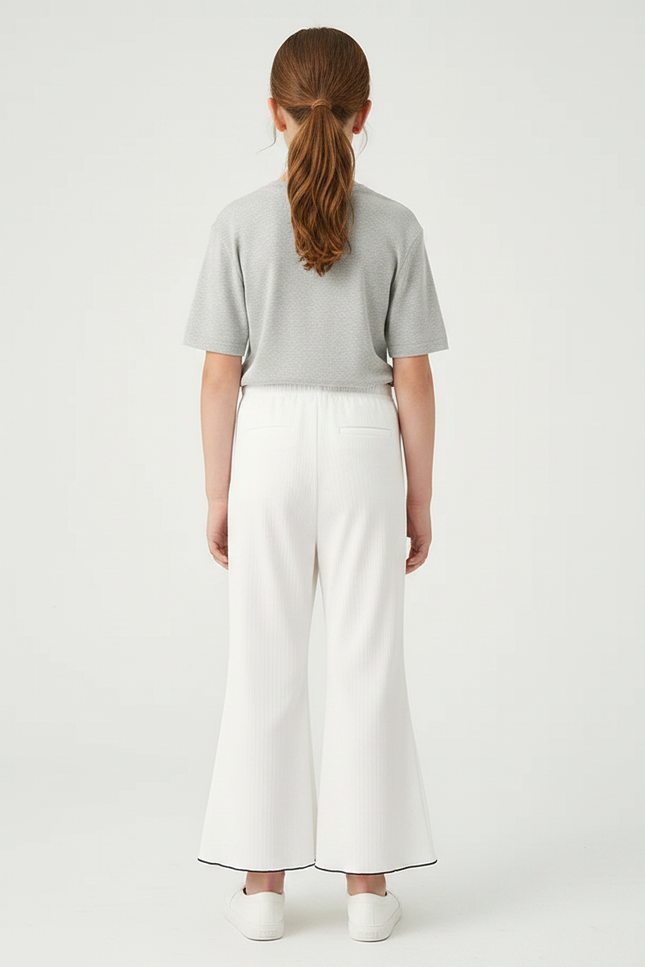 Pantalon Jupe Blanc Côtelé Élastique Ondulé Fille - Maille - vue 2