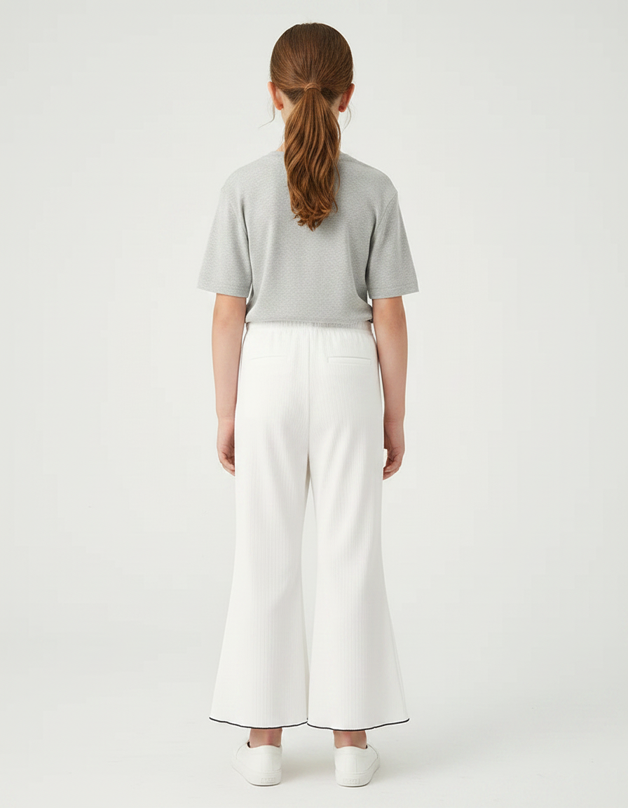 Pantalon Jupe Blanc Côtelé Élastique Ondulé Fille - Maille - vue 2