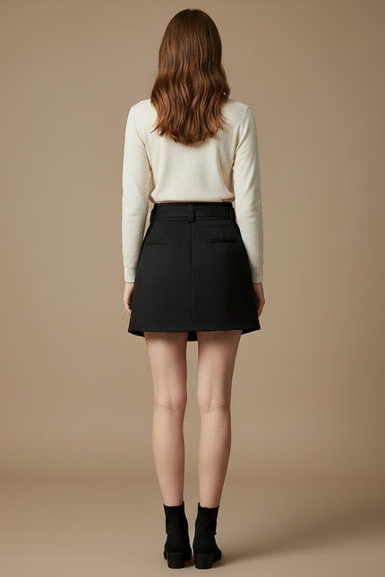 Pantalon Jupe Noir Ceinturé Vintage Élégant Femme - Gabardine - vue 2