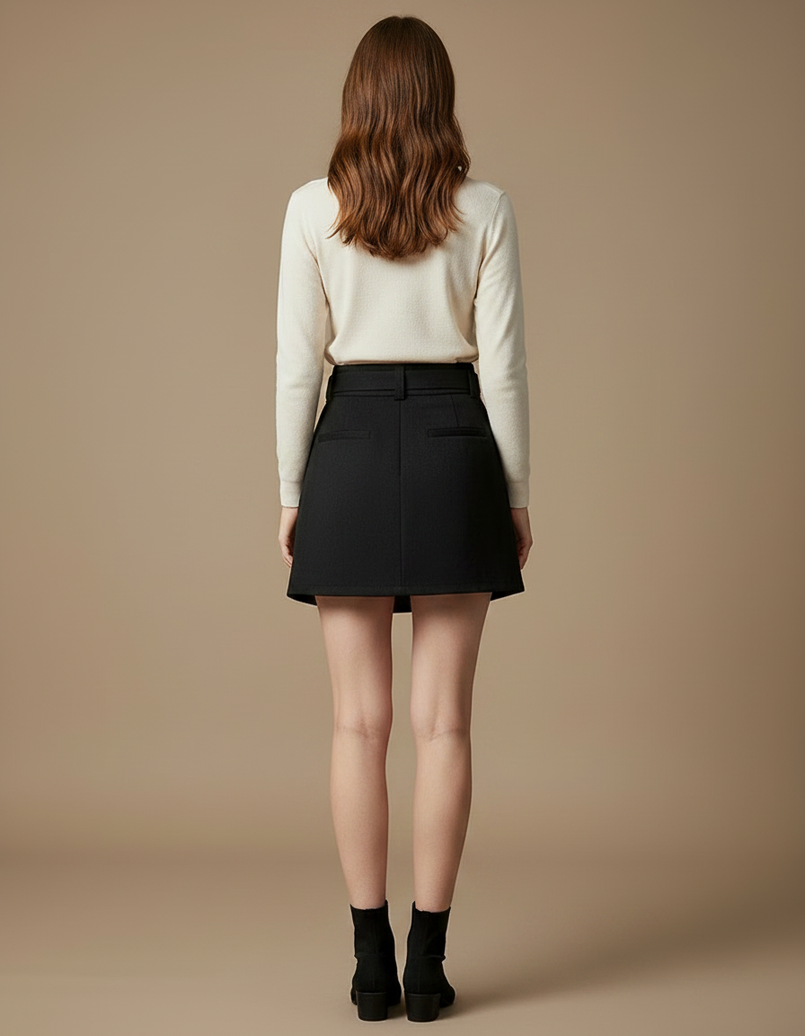 Pantalon Jupe Noir Ceinturé Vintage Élégant Femme - Gabardine - vue 2