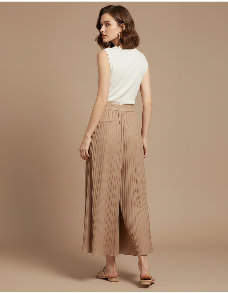 Pantalon Jupe Plissé Fluide Ample Élégant - Camel Polyester - vue 2