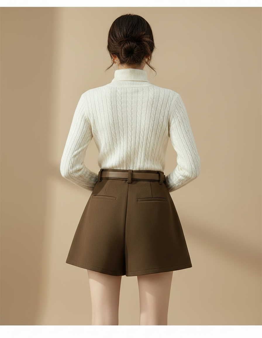 Pantalon Jupe Marron Plissé Laine Ceinturé Hiver - vue 2