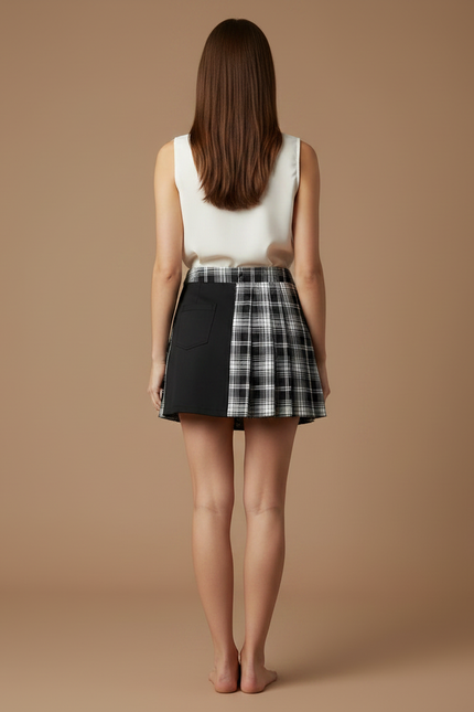 Pantalon Jupe Plaid Asymétrique Noir Blanc Plissé Gothique - Imprimé Polyester - vue 2
