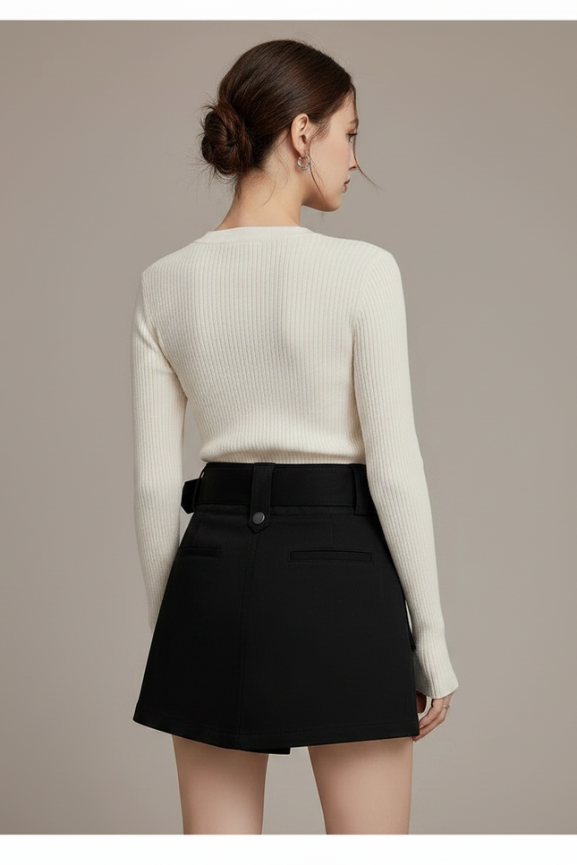 Pantalon Jupe Noir Ceinturé Cargo Décontracté Court - Gabardine - vue 2