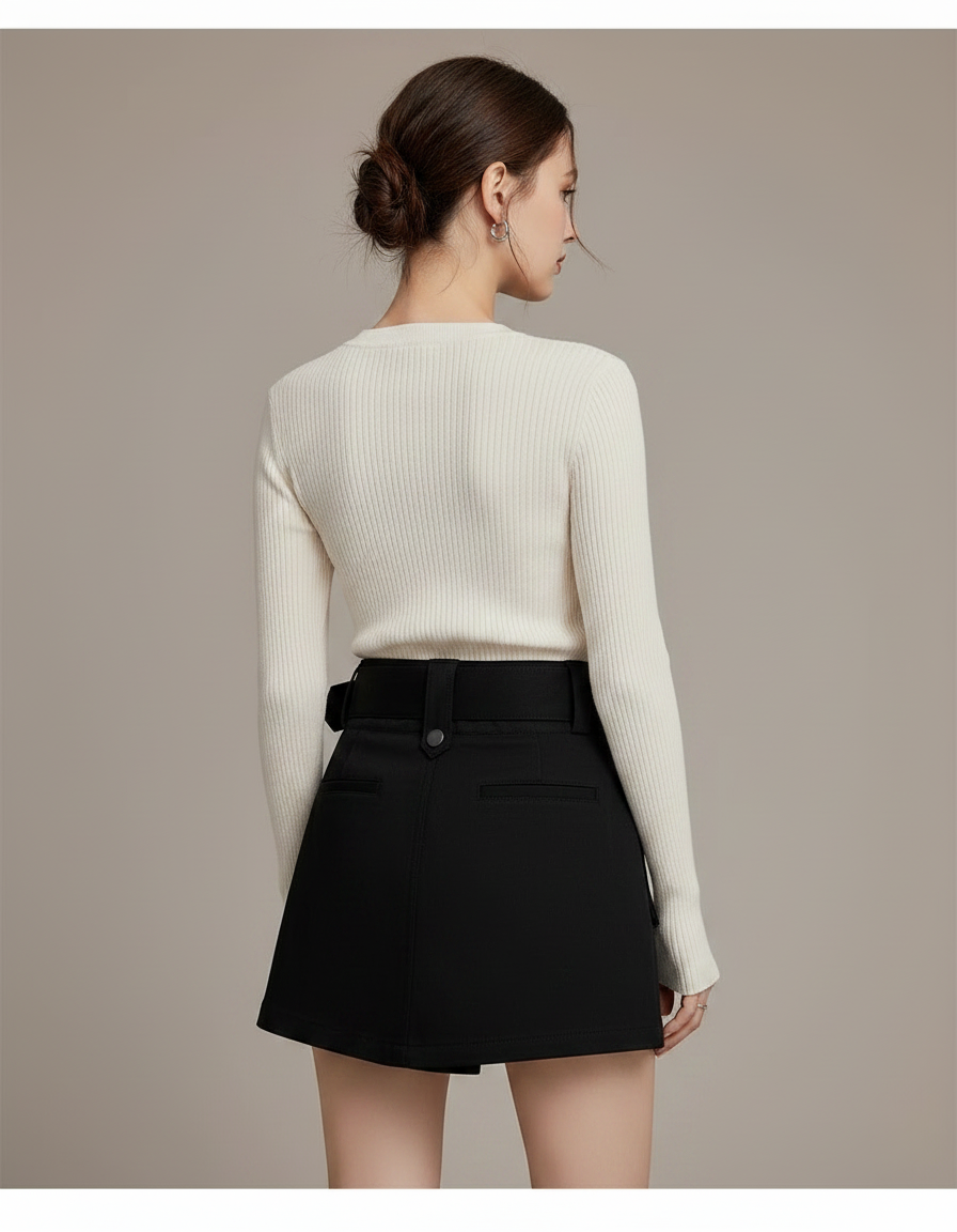 Pantalon Jupe Noir Ceinturé Cargo Décontracté Court - Gabardine - vue 2