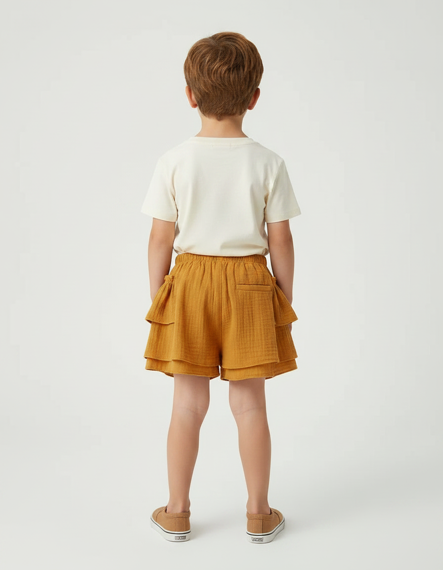Pantalon Jupe Volants Ample Coton Enfant Ocre - Jaune - vue 2