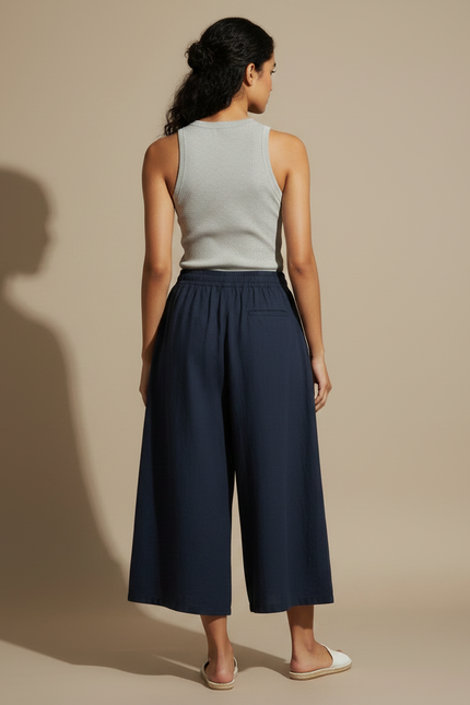 Pantalon Jupe Bleu Marine Ample Lin Fluide Décontracté - vue 2