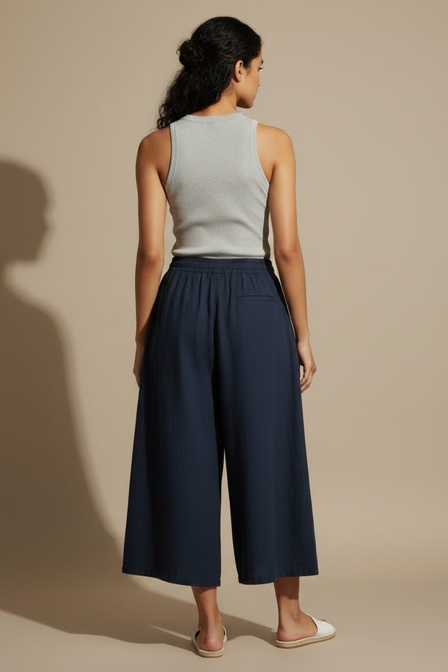 Pantalon Jupe Bleu Marine Ample Lin Fluide Décontracté - vue 2