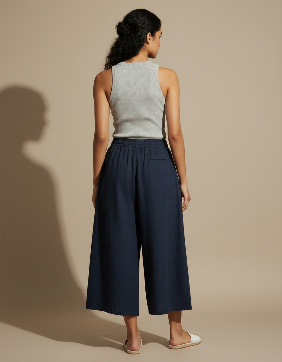 Pantalon Jupe Bleu Marine Ample Lin Fluide Décontracté - vue 2