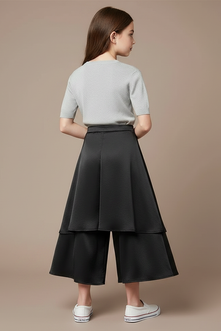 Pantalon Jupe Noir Satiné Superposé Fluide Élégant - vue 2