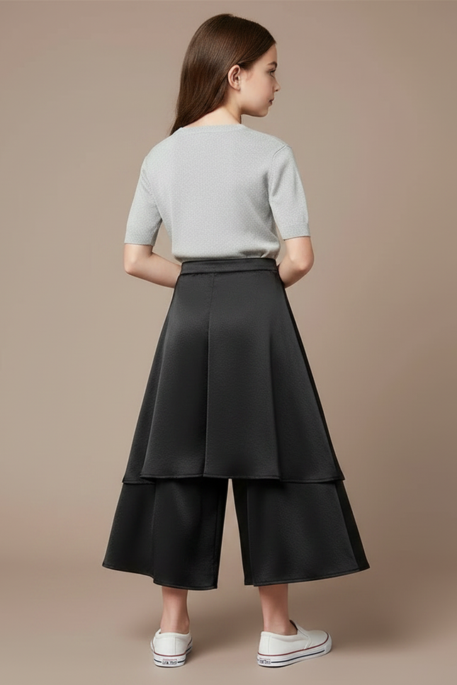 Pantalon Jupe Noir Satiné Superposé Fluide Élégant - vue 2