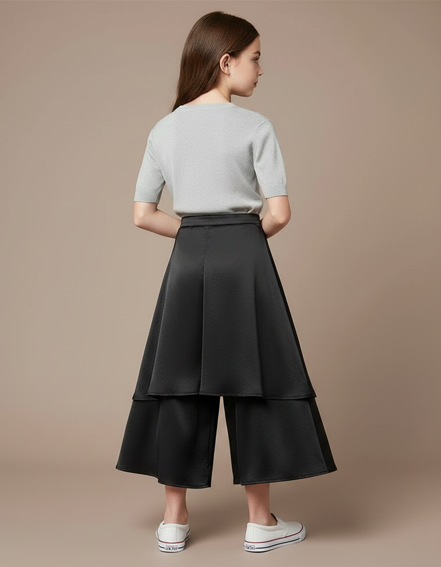 Pantalon Jupe Noir Satiné Superposé Fluide Élégant - vue 2