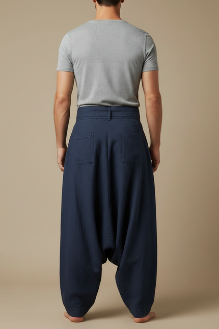 Pantalon Jupe Homme Bleu Marine Ample Lin Plissé - vue 2