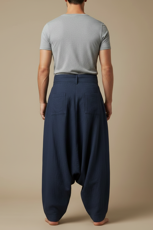 Pantalon Jupe Homme Bleu Marine Ample Lin Plissé - vue 2