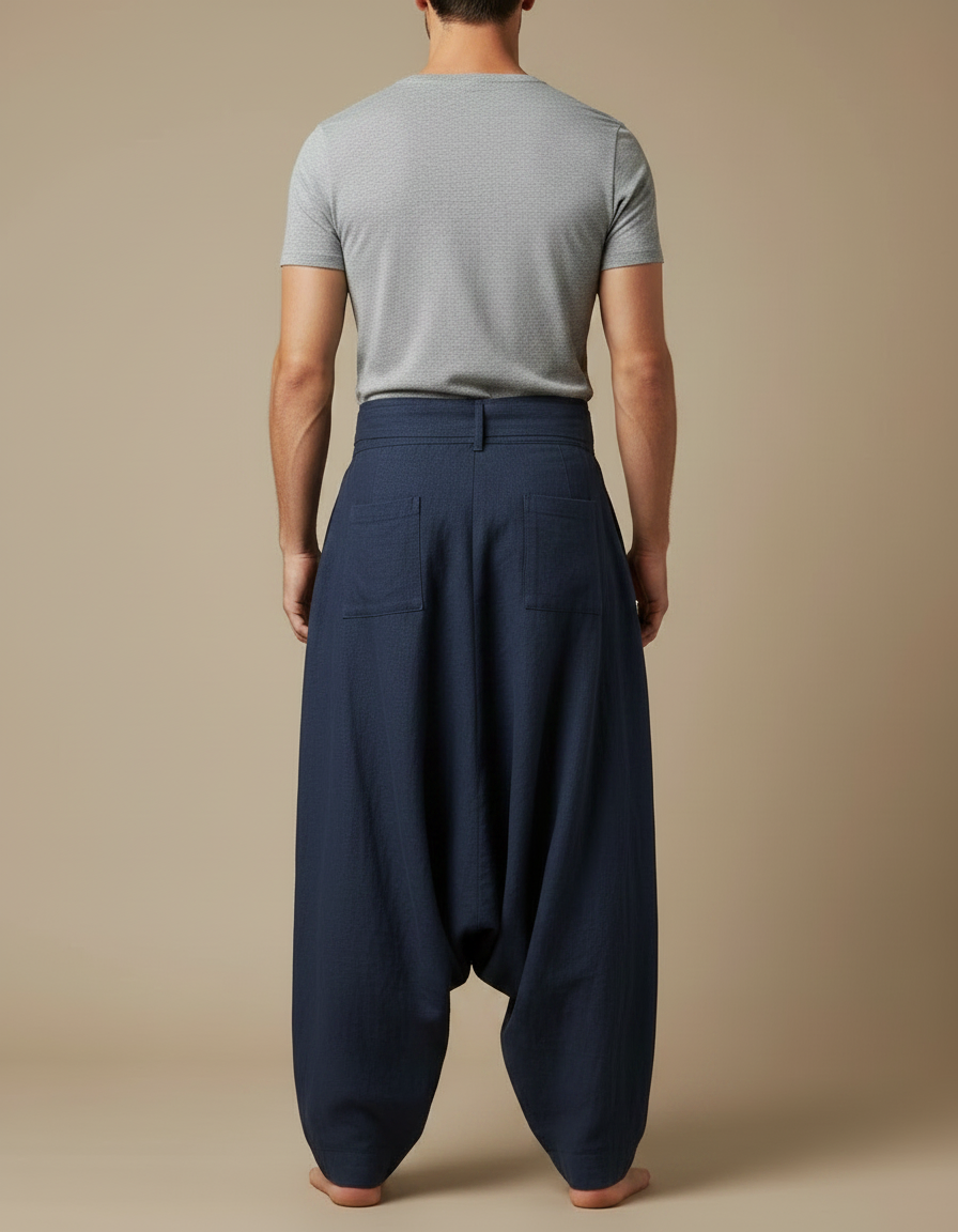 Pantalon Jupe Homme Bleu Marine Ample Lin Plissé - vue 2