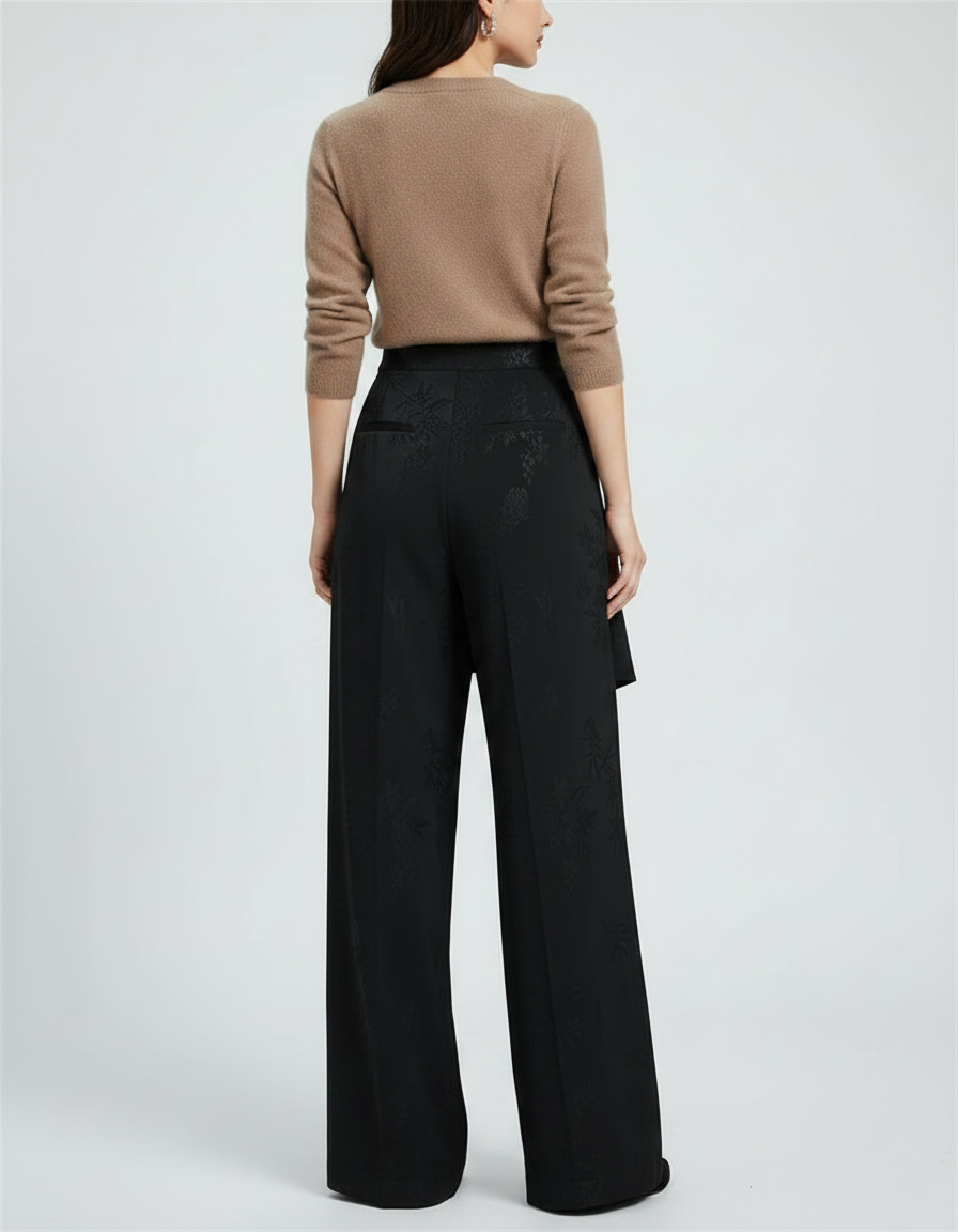 Pantalon Jupe Noir Jacquard Satin Ample Élégant - vue 2