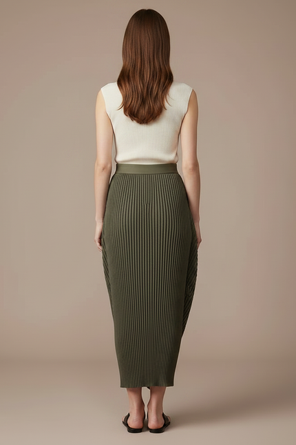 Pantalon Jupe Plissé Vert Militaire Asymétrique Fluide - Kaki Polyester - vue 2