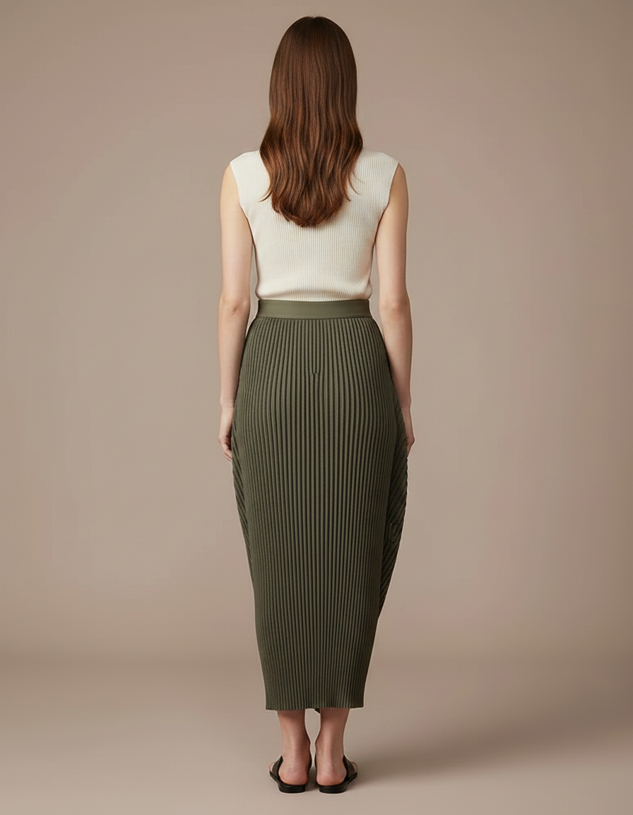 Pantalon Jupe Plissé Vert Militaire Asymétrique Fluide - Kaki Polyester - vue 2
