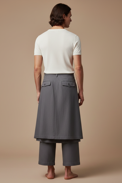 Pantalon Jupe Gris Plissé Superposé Ample Homme - Gabardine - vue 2