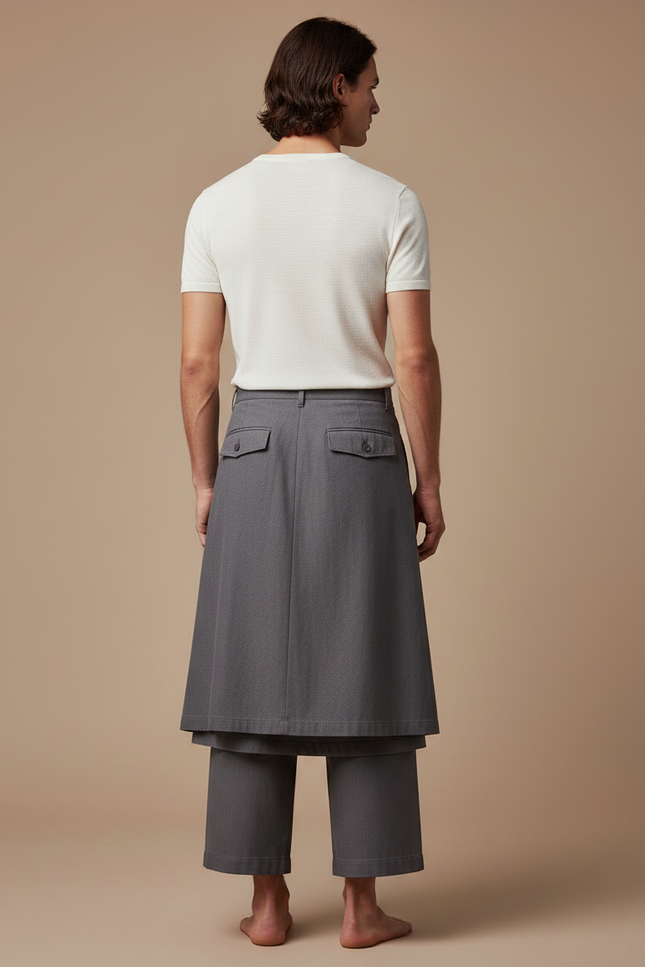 Pantalon Jupe Gris Plissé Superposé Ample Homme - Gabardine - vue 2