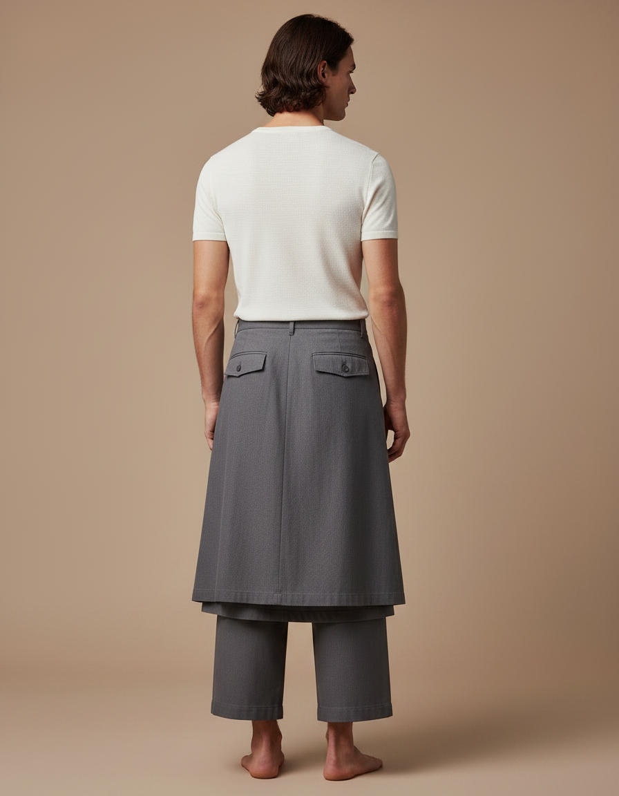 Pantalon Jupe Gris Plissé Superposé Ample Homme - Gabardine - vue 2