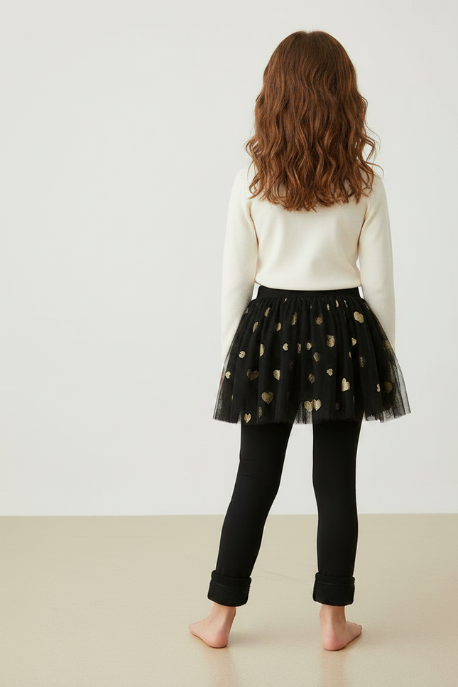 Pantalon Jupe Noir Tulle Cœurs Dorés Intégré Fille - Molleton - vue 2