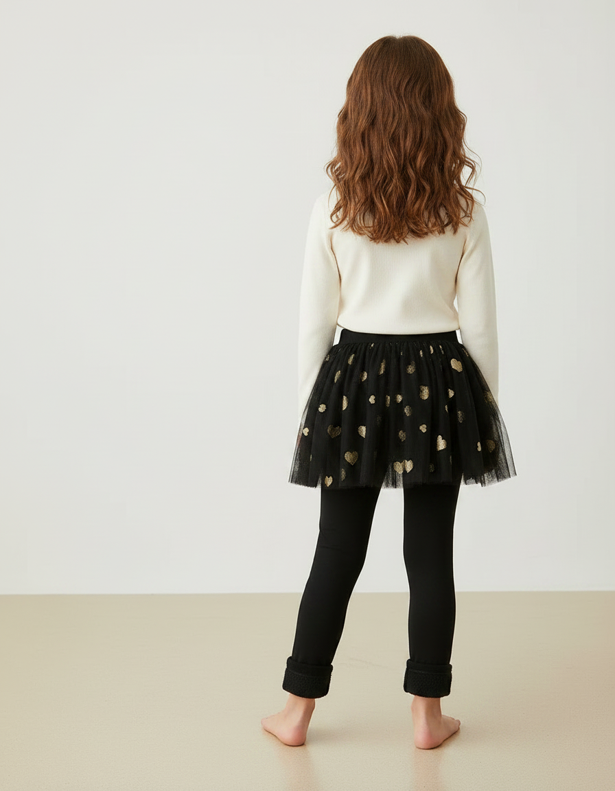 Pantalon Jupe Noir Tulle Cœurs Dorés Intégré Fille - Molleton - vue 2