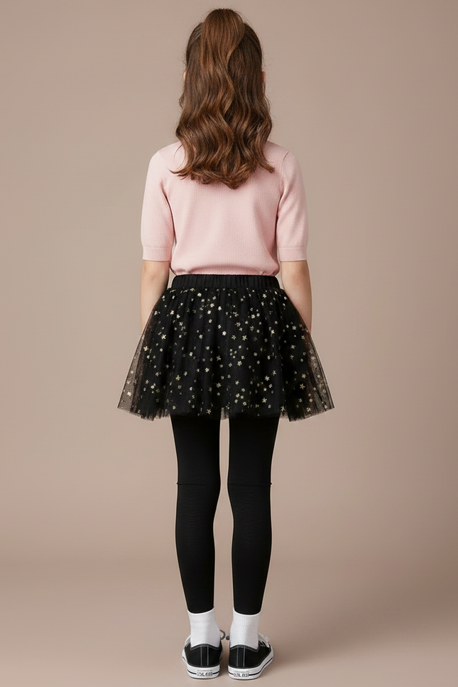 Pantalon Jupe Noir Étoiles Dorées Superposé Fille - Maille - vue 2