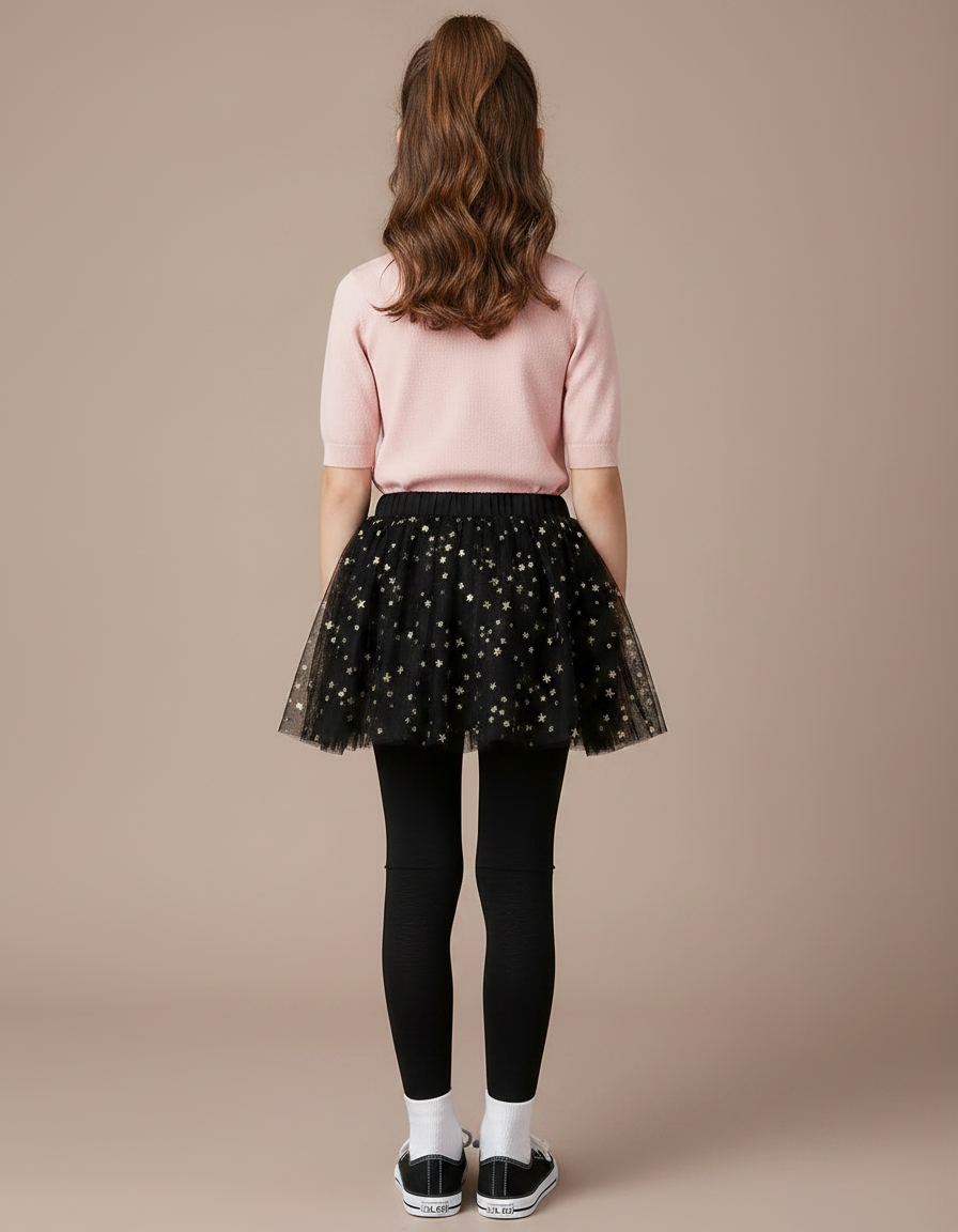 Pantalon Jupe Noir Étoiles Dorées Superposé Fille - Maille - vue 2