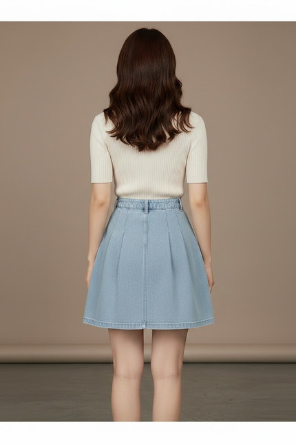 Pantalon Jupe Denim Plissée Élastique A-line Courte - Bleu Jean - vue 2