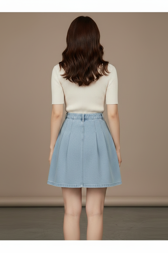 Pantalon Jupe Denim Plissée Élastique A-line Courte - Bleu Jean - vue 2