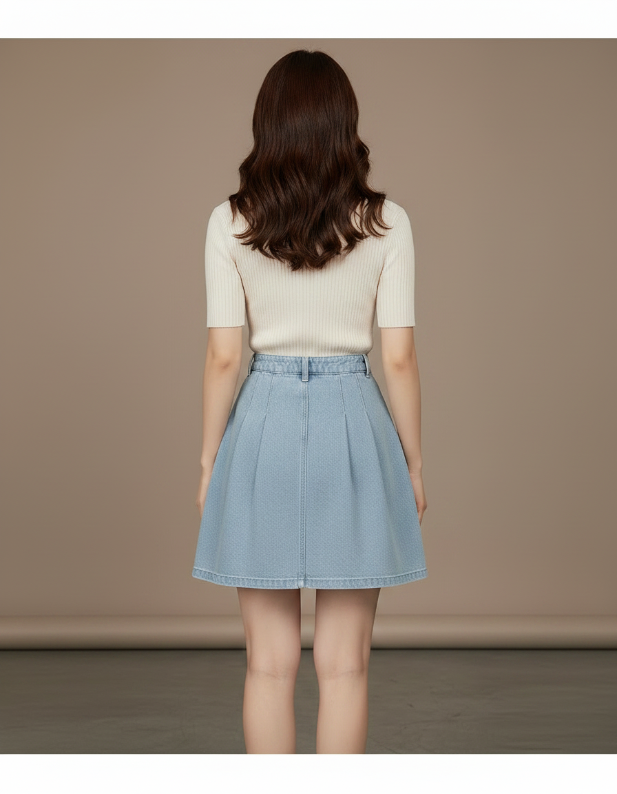 Pantalon Jupe Denim Plissée Élastique A-line Courte - Bleu Jean - vue 2