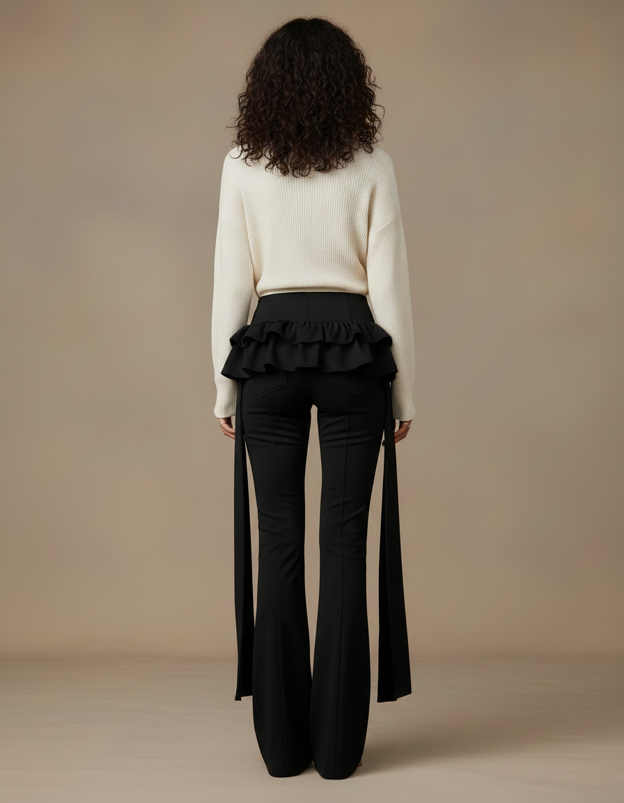 Pantalon Jupe Noir Volants Évasé Élégant Long - Polyester - vue 2