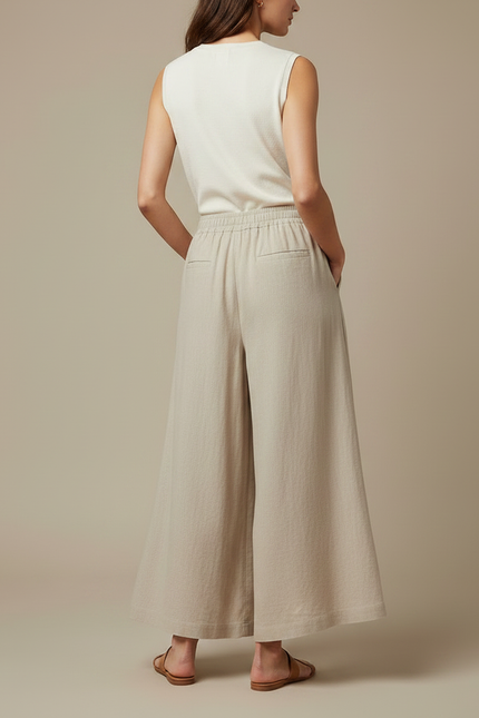 Pantalon Jupe Beige Lin Ample Fluide Décontracté - vue 2