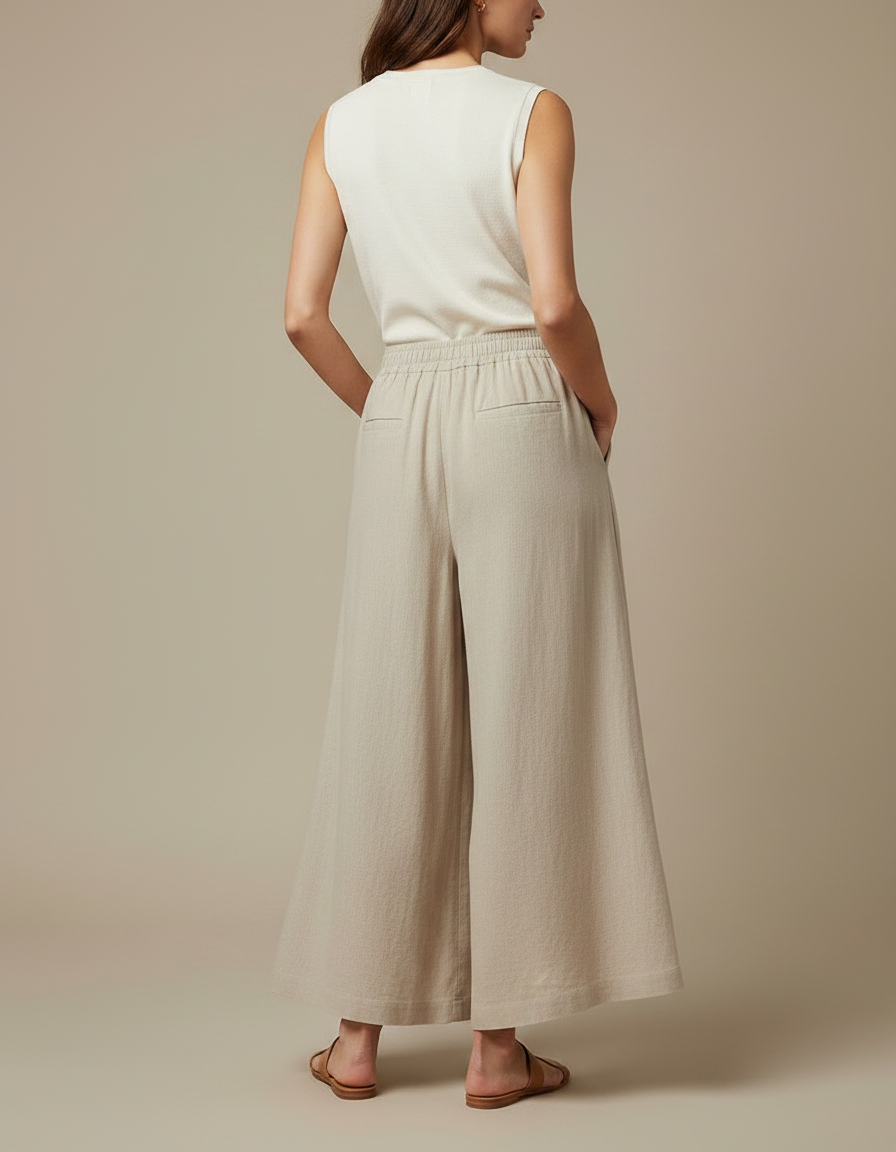 Pantalon Jupe Beige Lin Ample Fluide Décontracté - vue 2