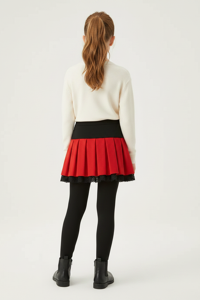Pantalon Jupe Noir Rouge Plissé Bowknot Dentelle Fille - Molleton - vue 2