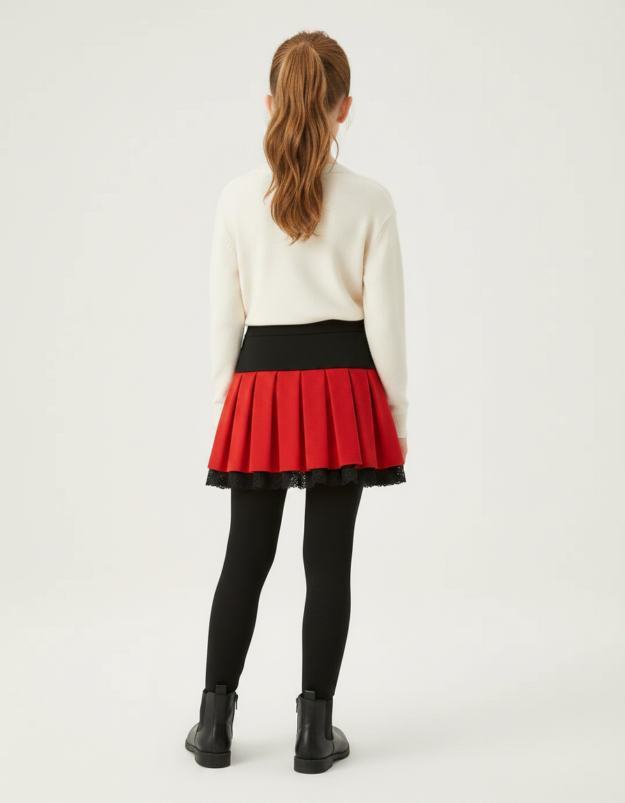 Pantalon Jupe Noir Rouge Plissé Bowknot Dentelle Fille - Molleton - vue 2